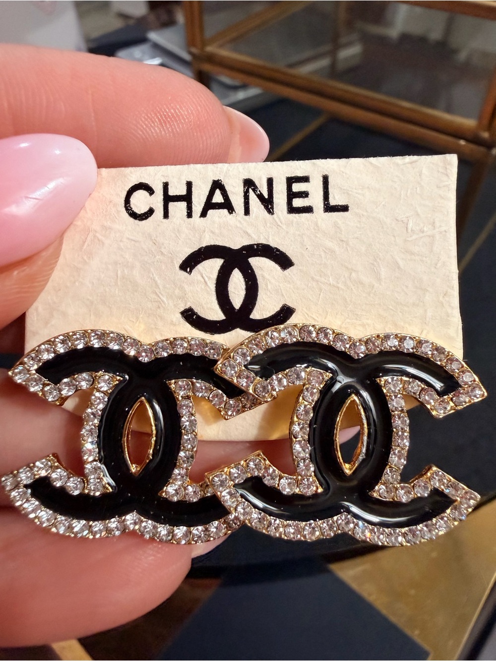 Black and Gold Crystal CC Logo Earring Studs | NEW